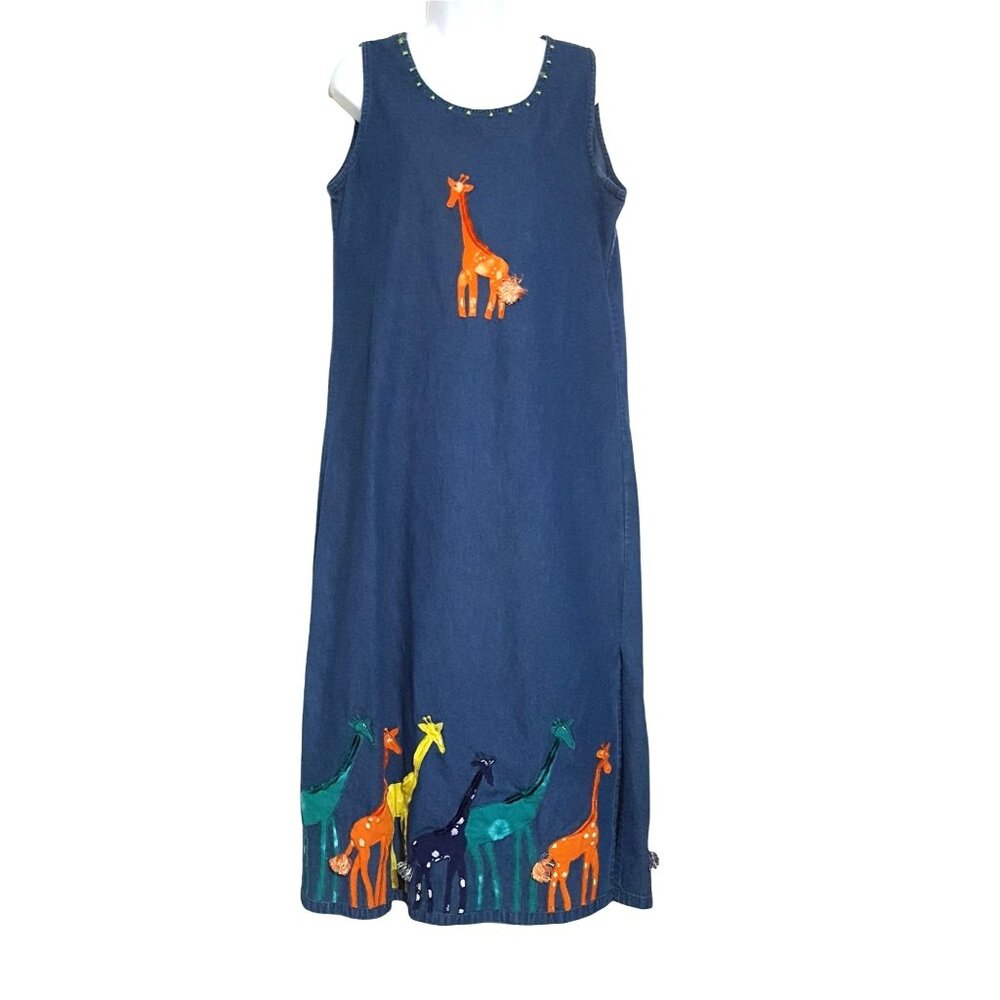 Vintage‎ Denim Maxi Dress & Jacket L Appliqued Giraffes Blue Jungle Animals